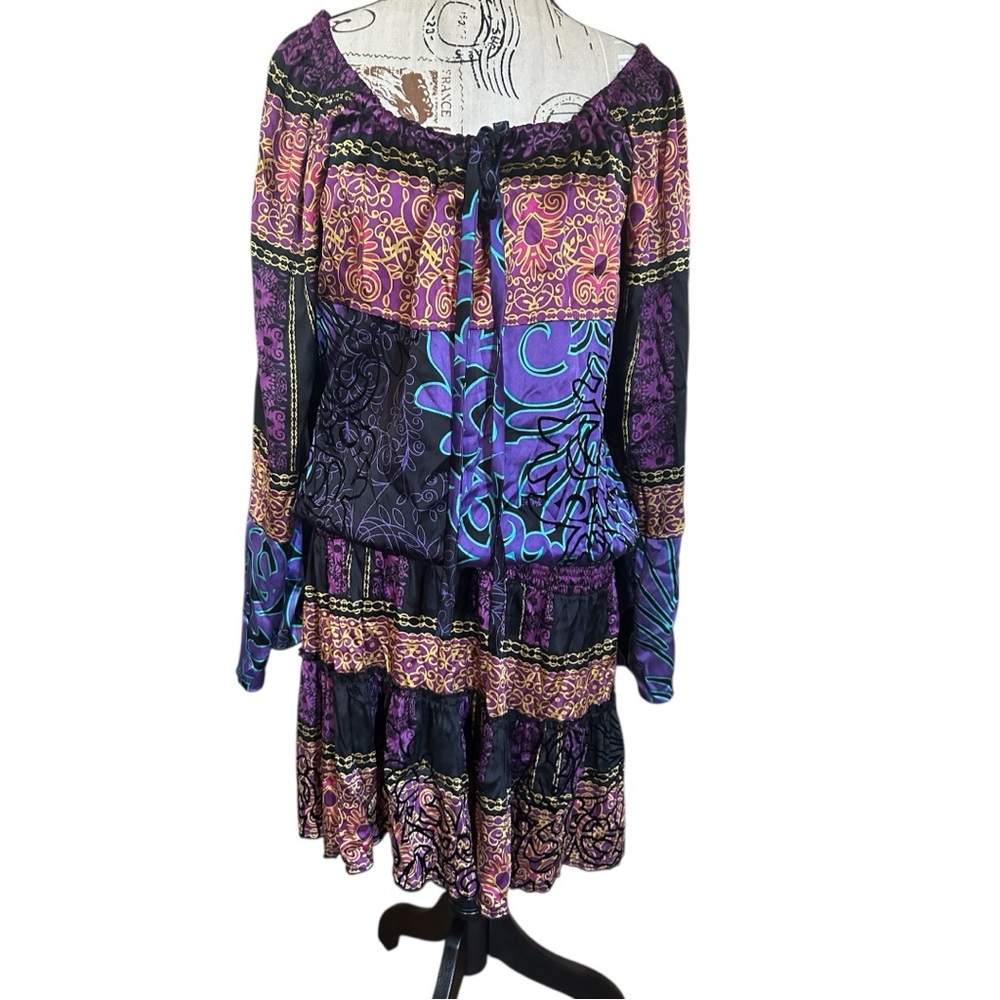 Hale Bob Silk Blend Dress Patchwork Purple Peasant Festival Size M Mini Vibrant